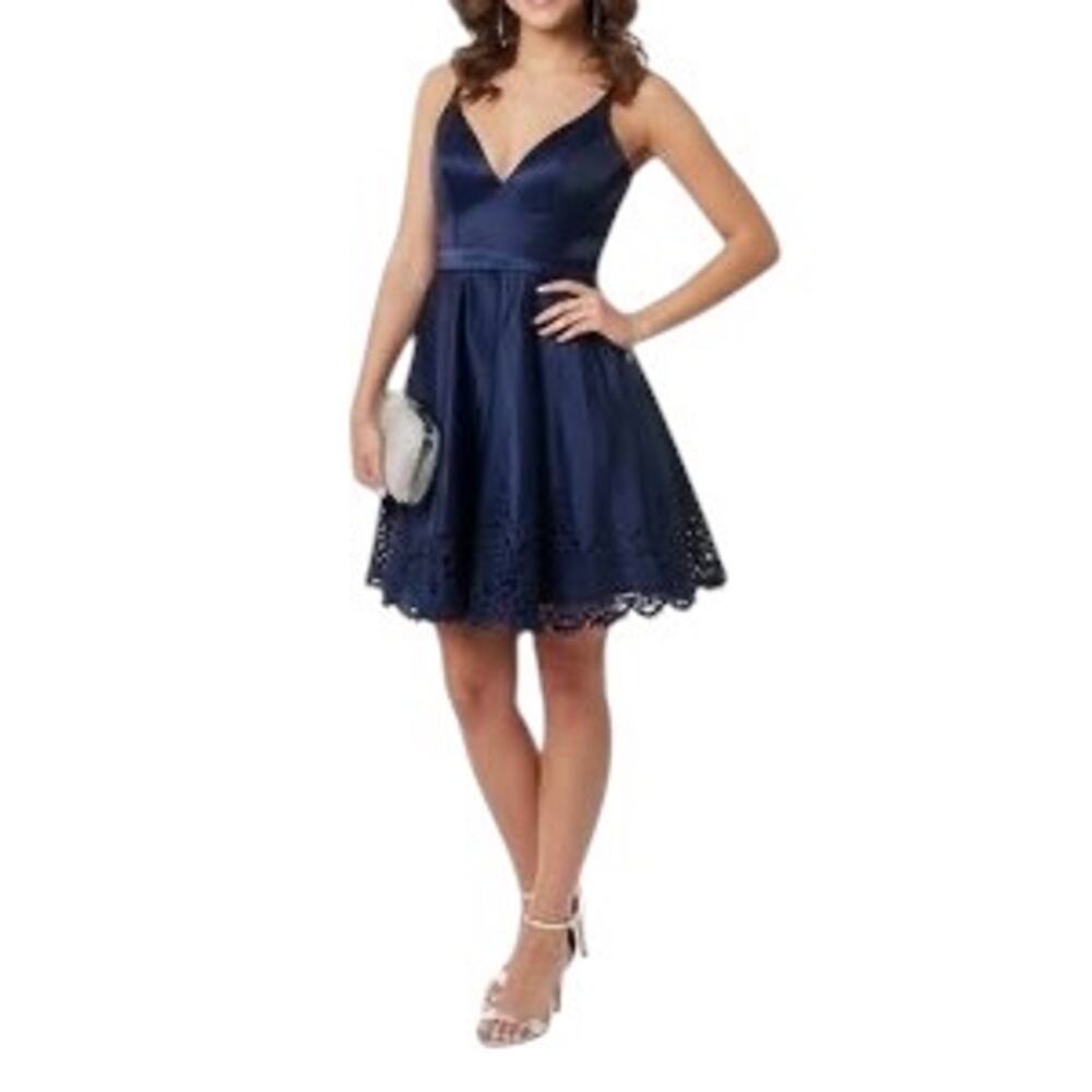 Sherri Hill Navy Blue Party Mini Formal Cocktail Dress Laser Cut Skirt Size 6